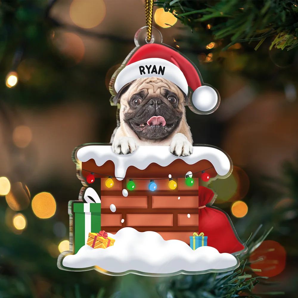 Dog Lovers, Dog Mom, Dog Dad - Custom Photo Christmas Santa Dog Down The Chimney - Personalized Cutout Acrylic Ornament