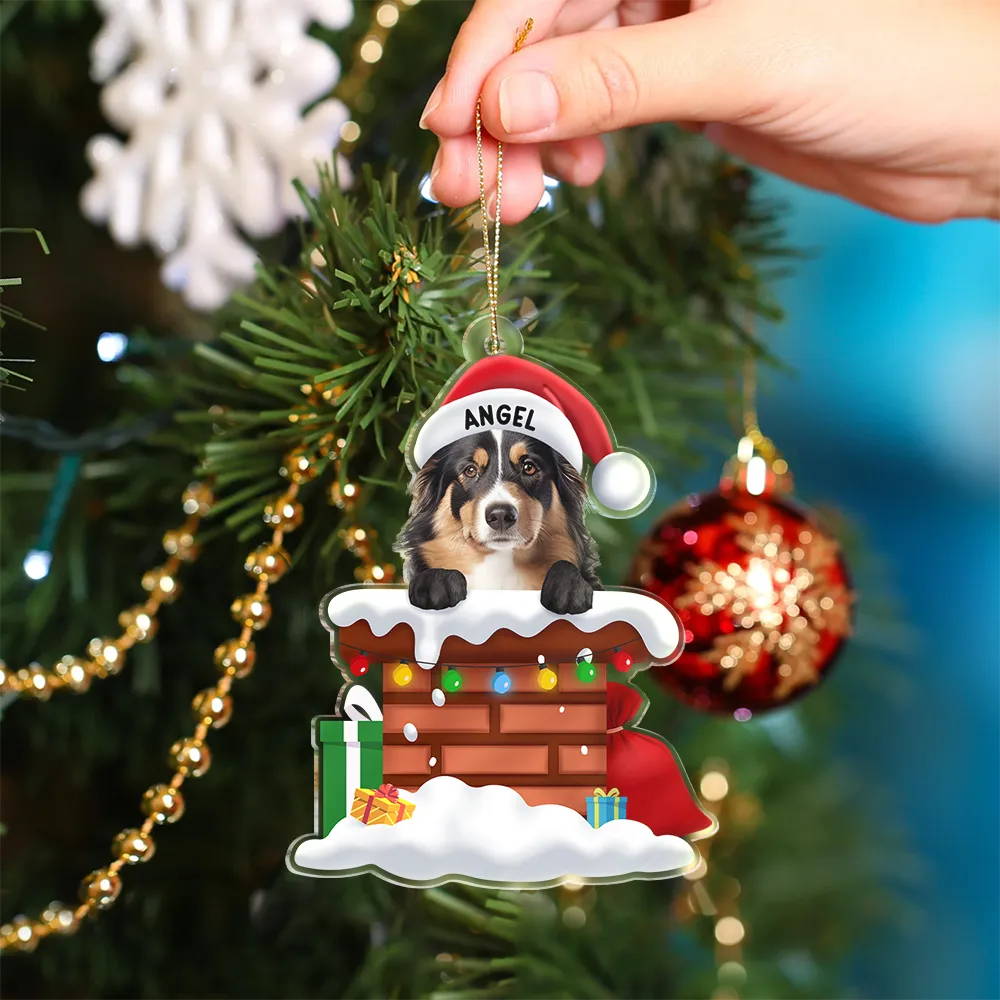 Dog Lovers, Dog Mom, Dog Dad - Custom Photo Christmas Santa Dog Down The Chimney - Personalized Cutout Acrylic Ornament