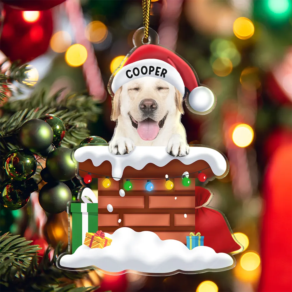 Dog Lovers, Dog Mom, Dog Dad - Custom Photo Christmas Santa Dog Down The Chimney - Personalized Cutout Acrylic Ornament