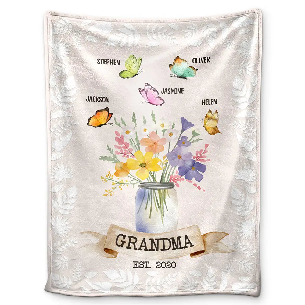 Gift For Grandma, Gift For Mother - Grandma Mom Est Butterfly - Personalized Fleece Blanket, Sherpa Blanket