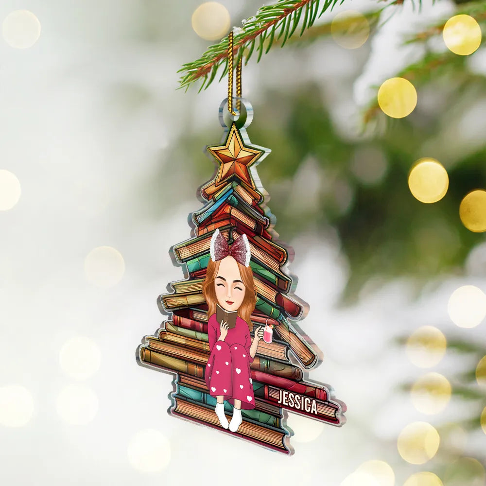 Reading, Gift For Yourself - Christmas Book Tree Reading Girl Boy - Personalized Custom Shaped Acrylic Ornament