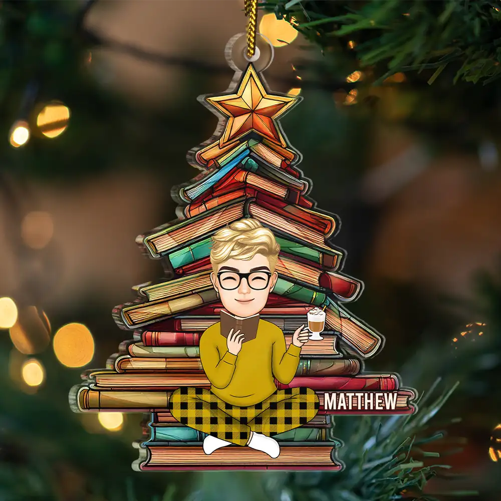 Reading, Gift For Yourself - Christmas Book Tree Reading Girl Boy - Personalized Custom Shaped Acrylic Ornament