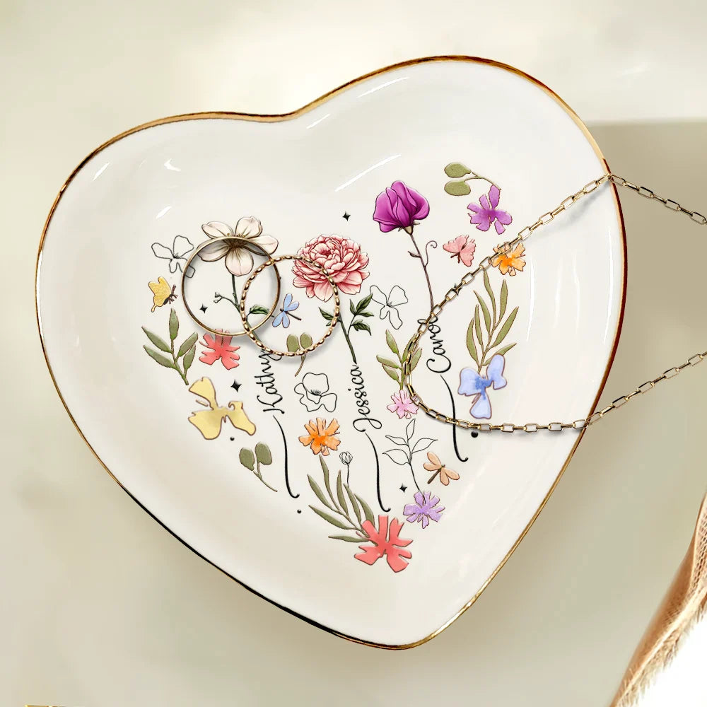 Gift For Grandma, Gift For Mother, Gift For Sisters, Gift For Bestie, Family - Birth Flowers In Bloom For Besties, Sisters, Mother, Grandma - Personalized Heart Ring Dish
