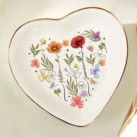 Gift For Grandma, Gift For Mother, Gift For Sisters, Gift For Bestie, Family - Birth Flowers In Bloom For Besties, Sisters, Mother, Grandma - Personalized Heart Ring Dish
