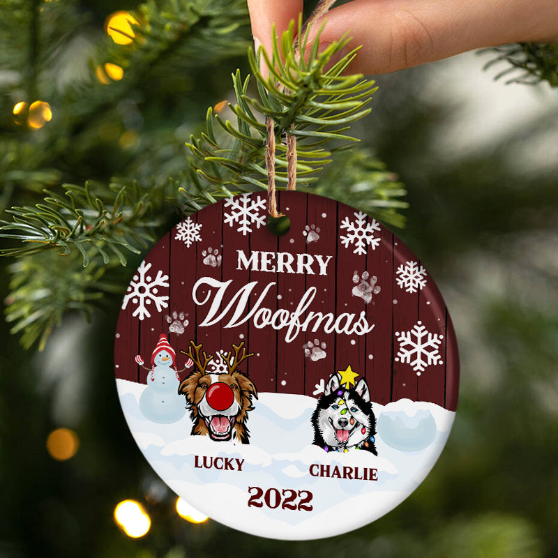 Merry Woofmas - Christmas Gift For Dog Lovers - Personalized Custom Circle Ceramic Ornament