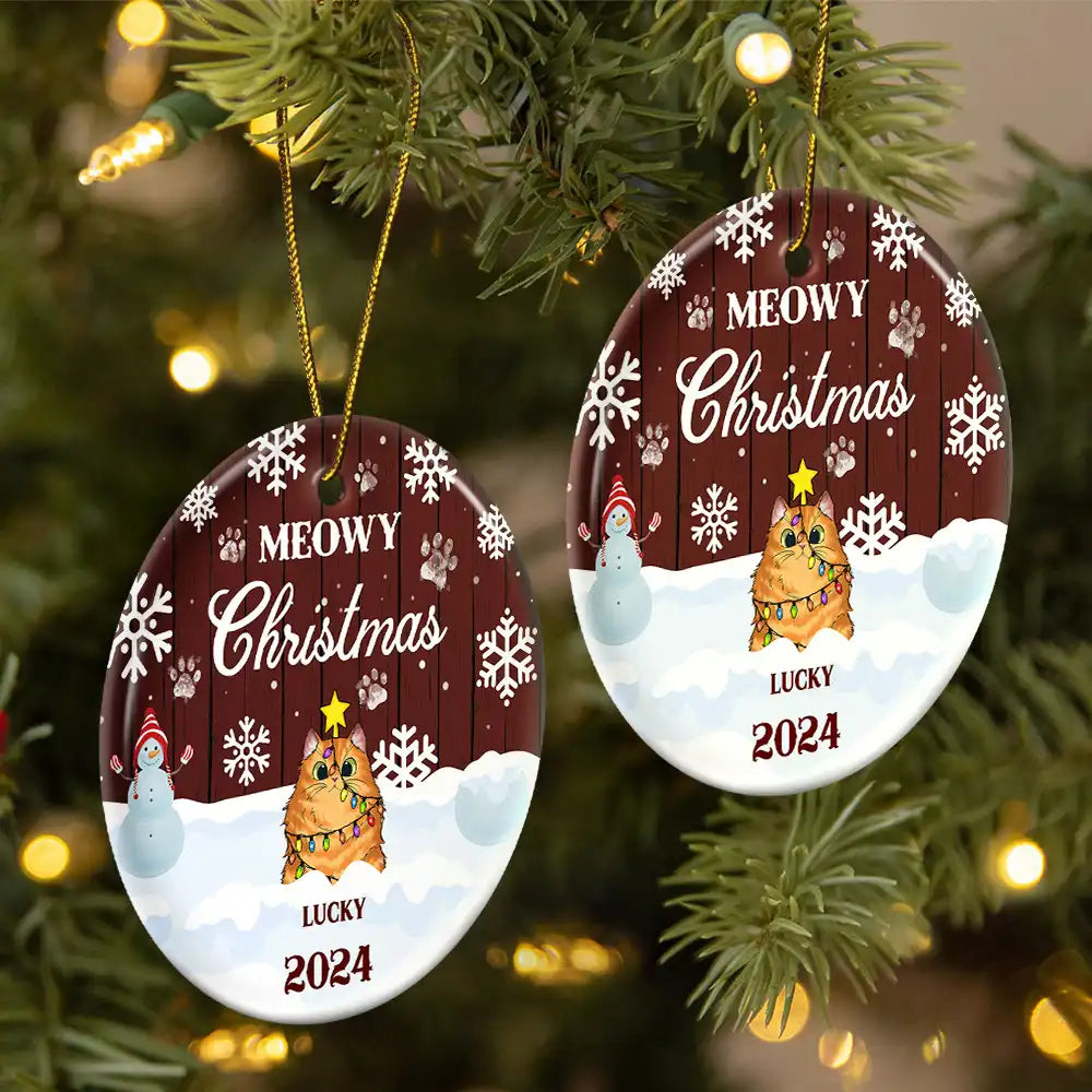 Meowy Christmas - Christmas Gift For Cat Lovers - Personalized Custom Circle Ceramic Ornament