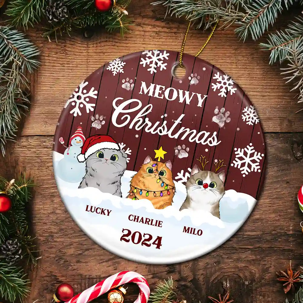 Meowy Christmas - Christmas Gift For Cat Lovers - Personalized Custom Circle Ceramic Ornament