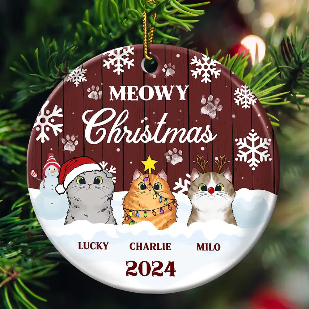 Meowy Christmas - Christmas Gift For Cat Lovers - Personalized Custom Circle Ceramic Ornament