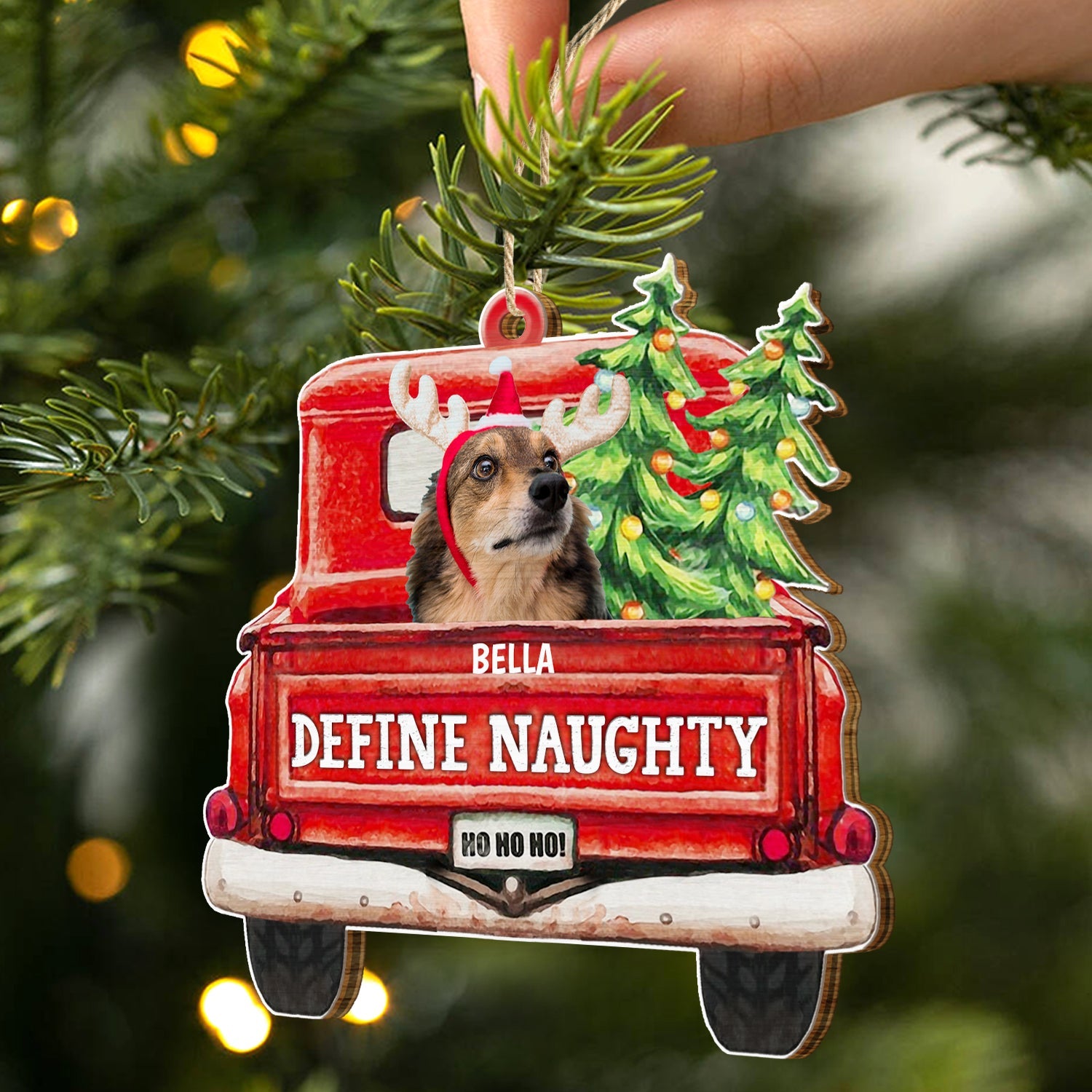 Custom Photo Pet Lovers Red Truck Define Naughty - Christmas Gift For Dog Lovers - Personalized Custom Shaped Wooden Ornament