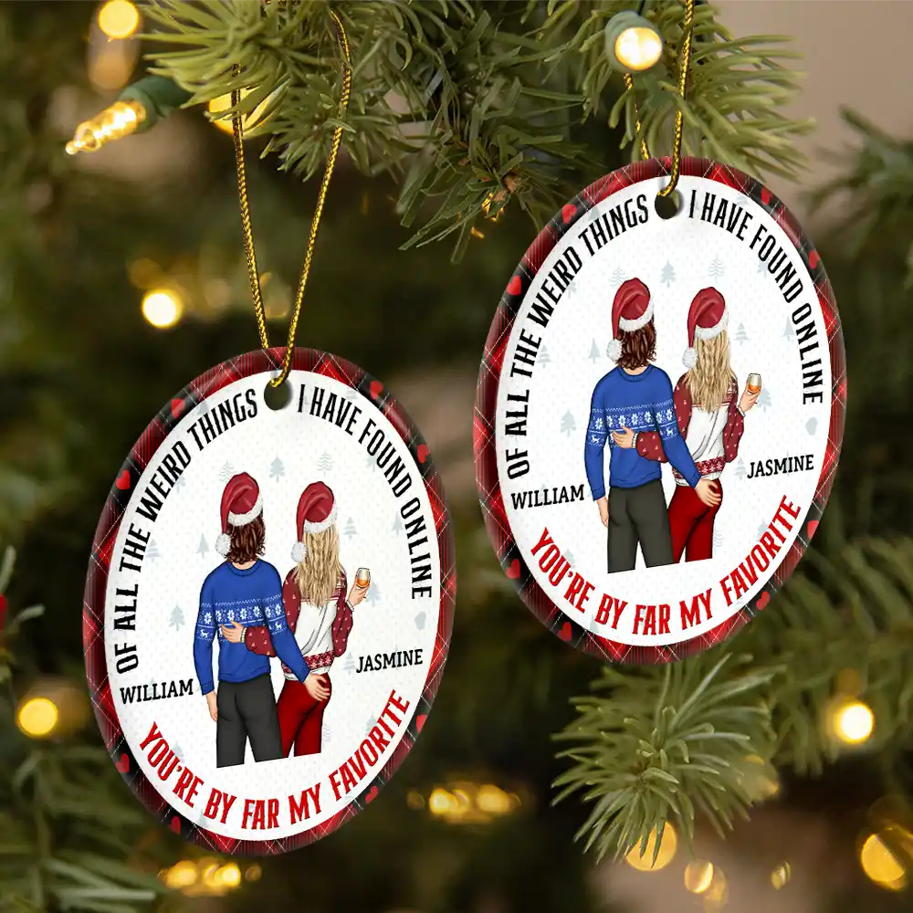 Christmas Couple Back Side You Are My Favorite By Far - Gift For Couples - Personalized Circle Ceramic Ornament