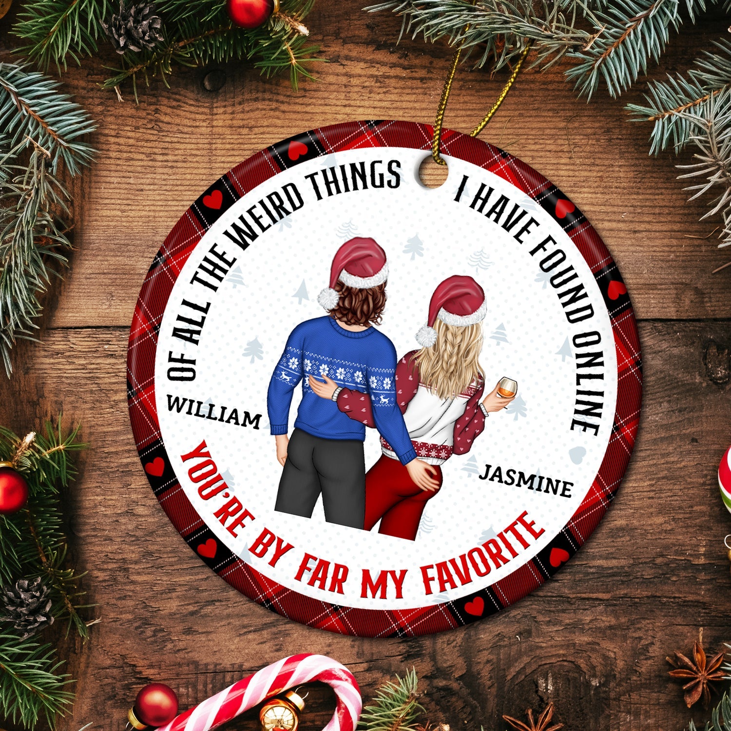 Christmas Couple Back Side You Are My Favorite By Far - Gift For Couples - Personalized Circle Ceramic Ornament