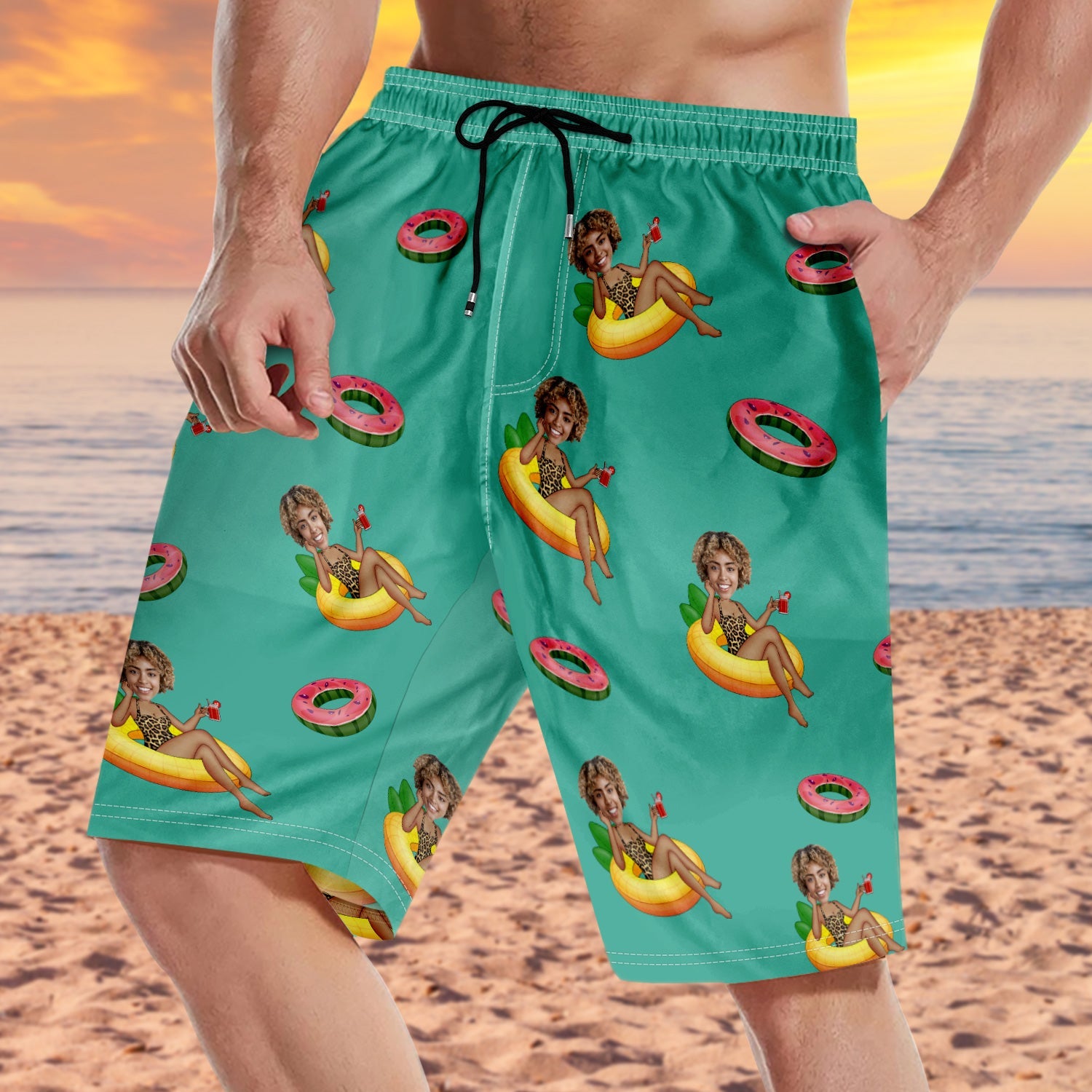 Custom Photo Funny Girlfriend Wife On Flamingo - Gift For Boyfriend, Husband - Personalized Unisex Beach Shorts