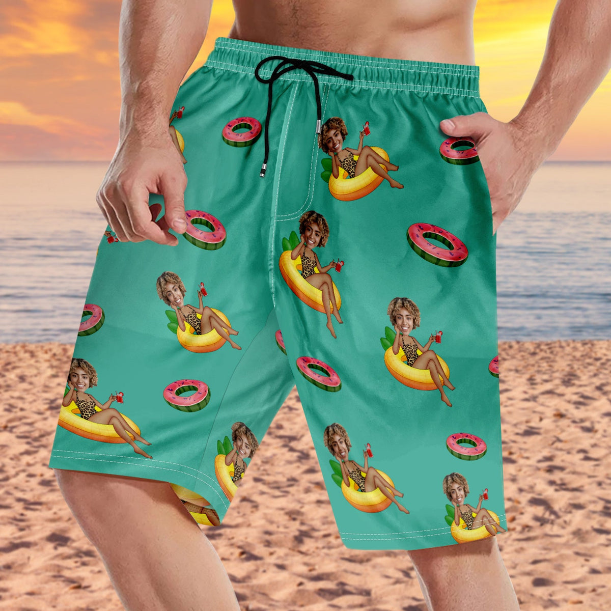 Custom Photo Funny Girlfriend Wife On Flamingo - Gift For Boyfriend, Husband - Personalized Unisex Beach Shorts