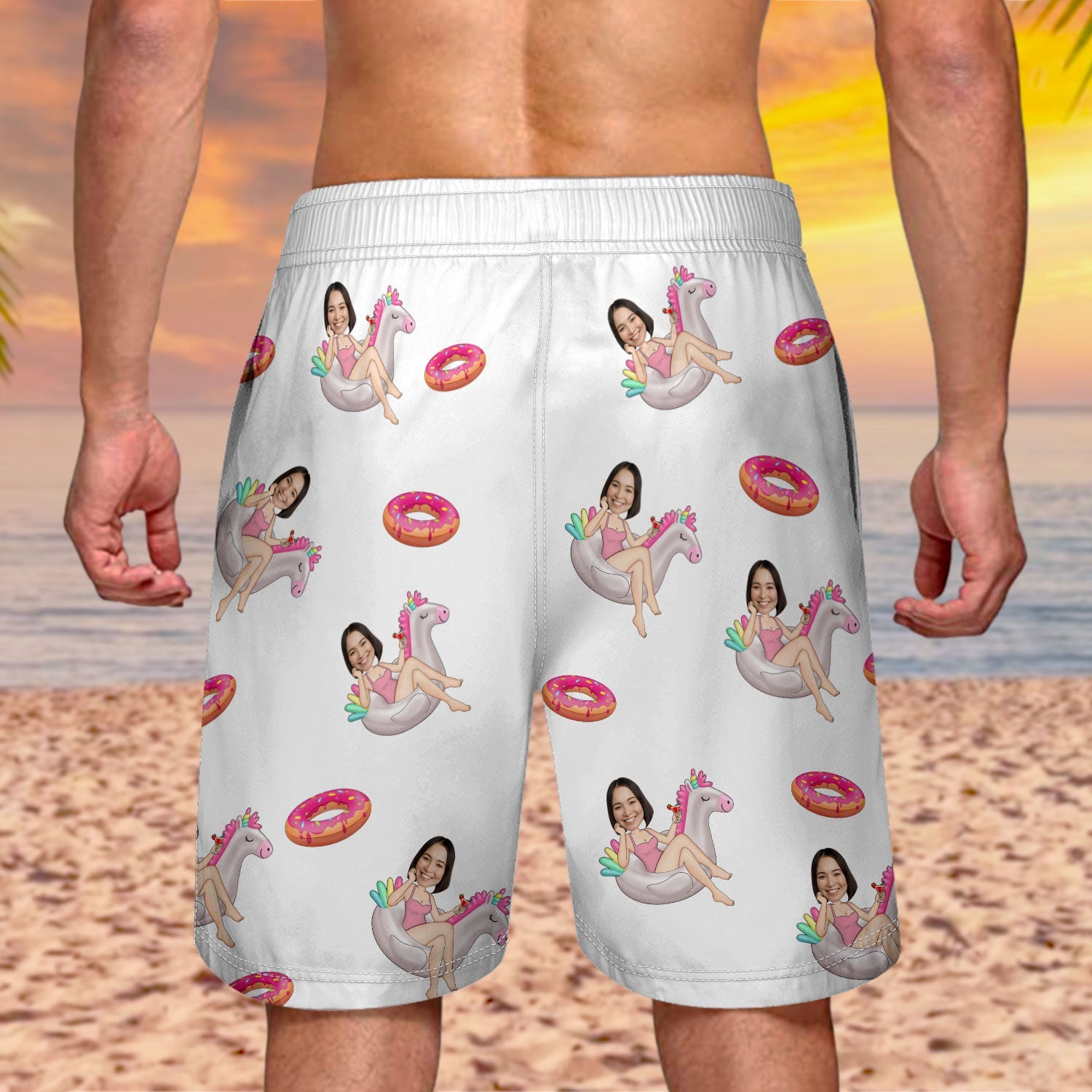 Custom Photo Funny Girlfriend Wife On Flamingo - Gift For Boyfriend, Husband - Personalized Unisex Beach Shorts