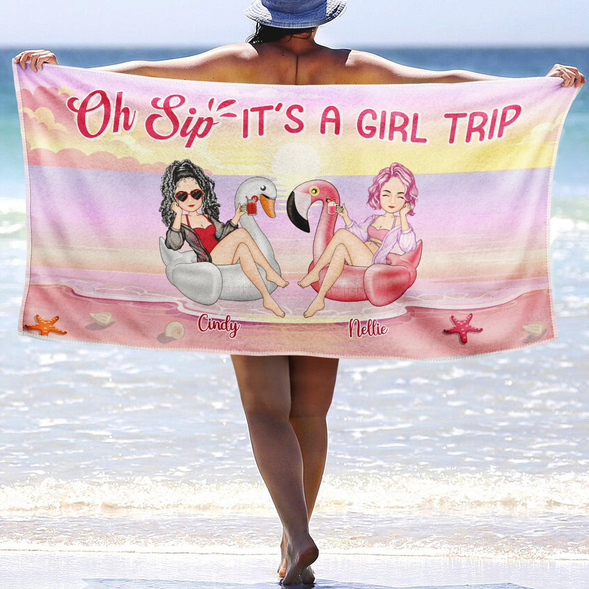 Beach Oh Sip It's A Girl Trip - Gift For Bestie - Personalized Beach Towel