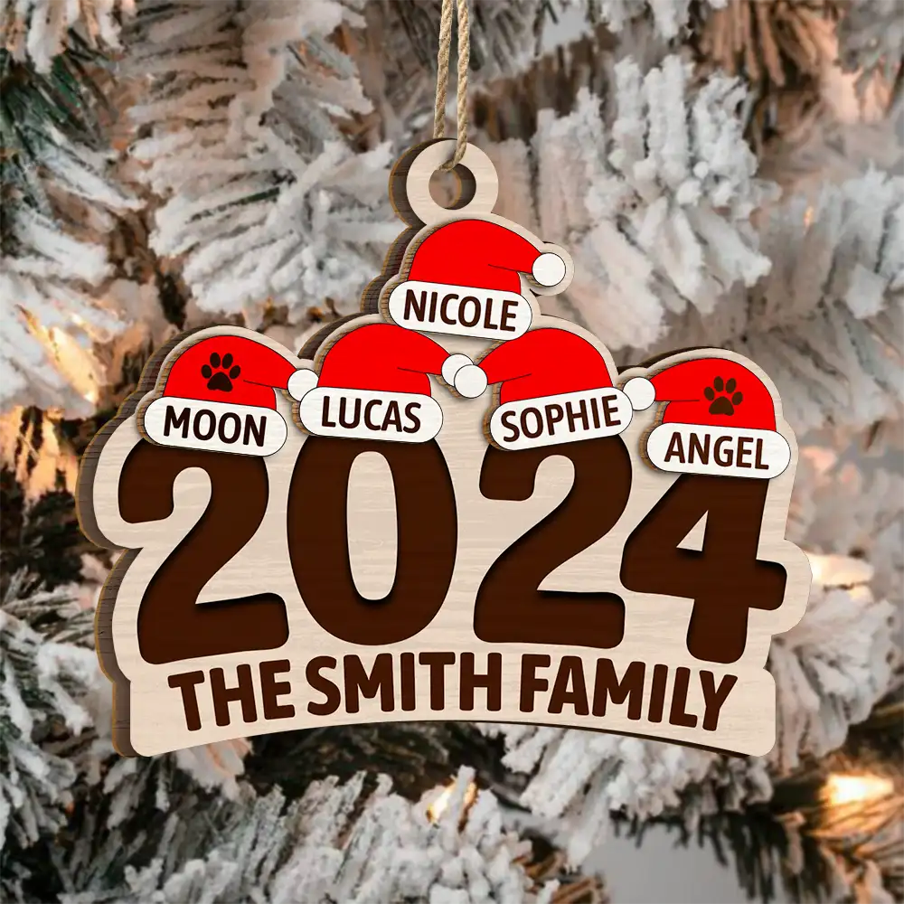 Chrismas Family Name Santa Hat 2024 - Personalized 2-Layered Wooden Ornament