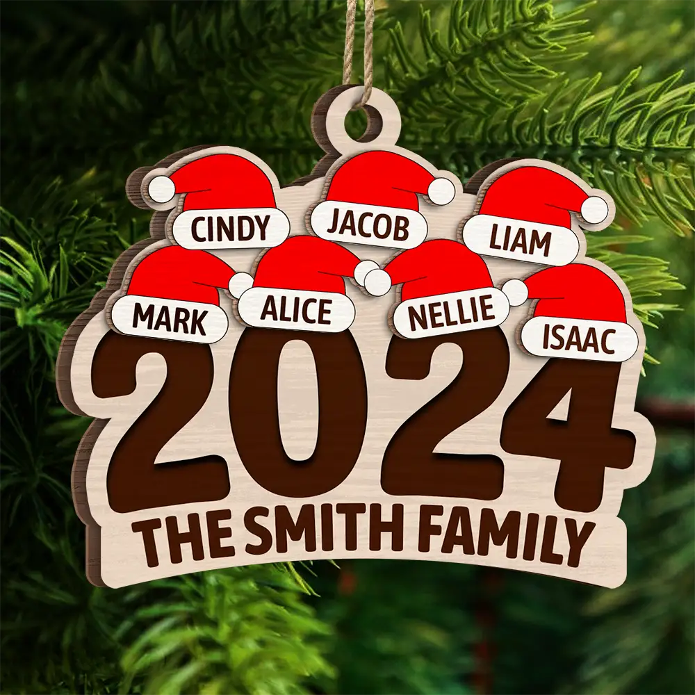 Chrismas Family Name Santa Hat 2024 - Personalized 2-Layered Wooden Ornament