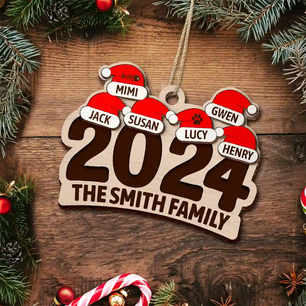 Chrismas Family Name Santa Hat 2024 - Personalized 2-Layered Wooden Ornament