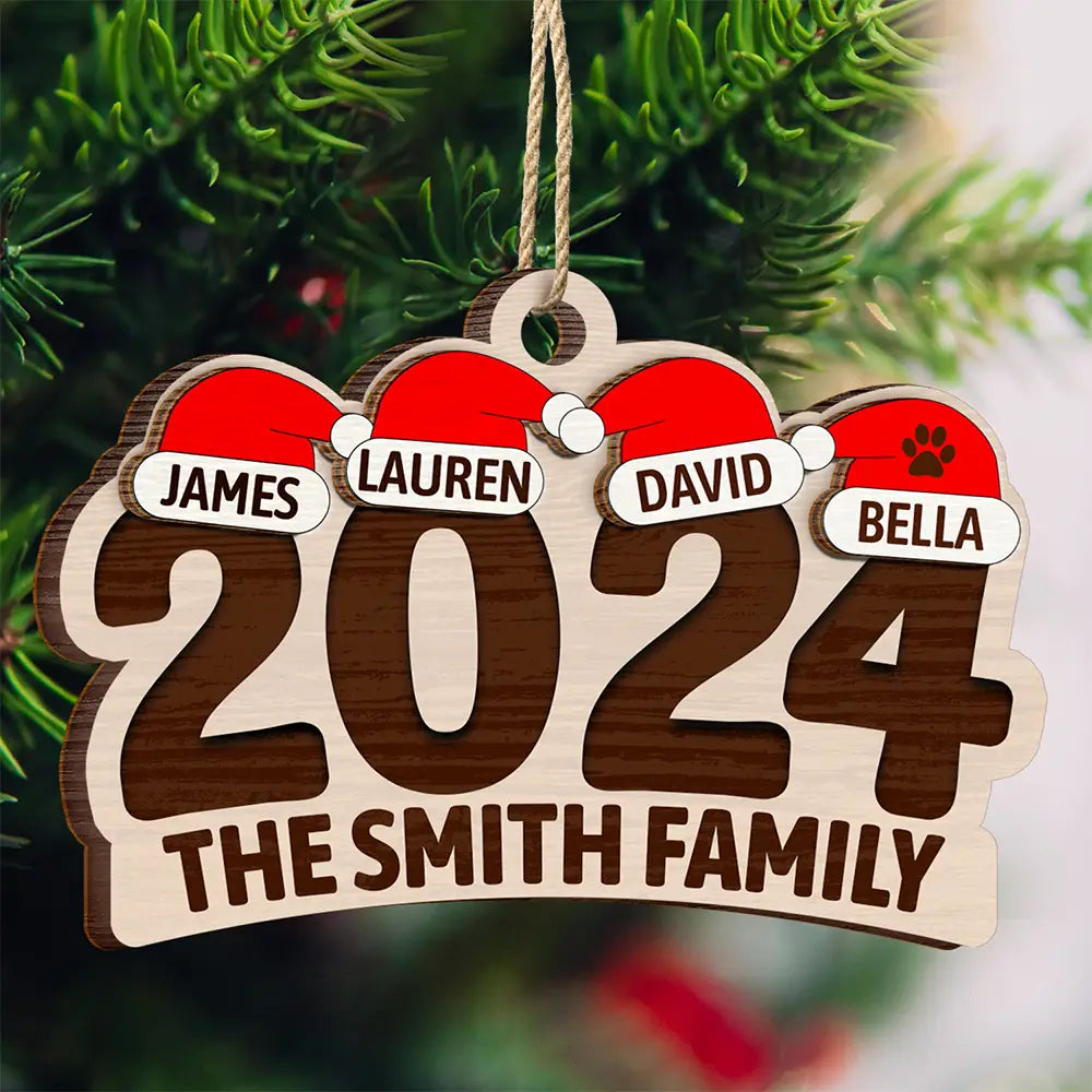 Chrismas Family Name Santa Hat 2024 - Personalized 2-Layered Wooden Ornament