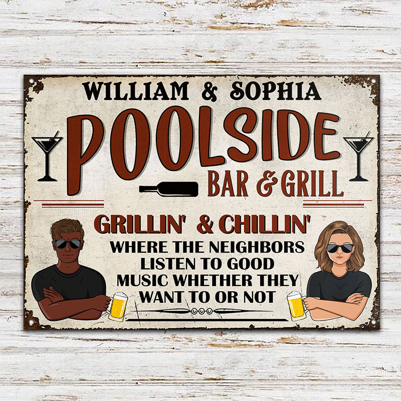 Bar & Grill Where The Neighbor - Swimming Pool Decor - Personalized Custom Classic Metal Signs