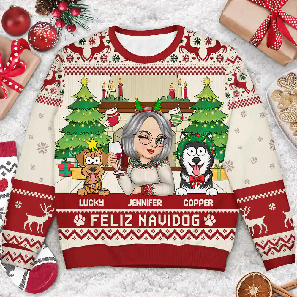 Christmas,Happy,Pet Lovers,Pet Mom,Dog Lovers,Dog Mom,Cat Lovers,Cat Mom - Happy Pawlidays Woman With Pets - Personalized Unisex Ugly Sweater