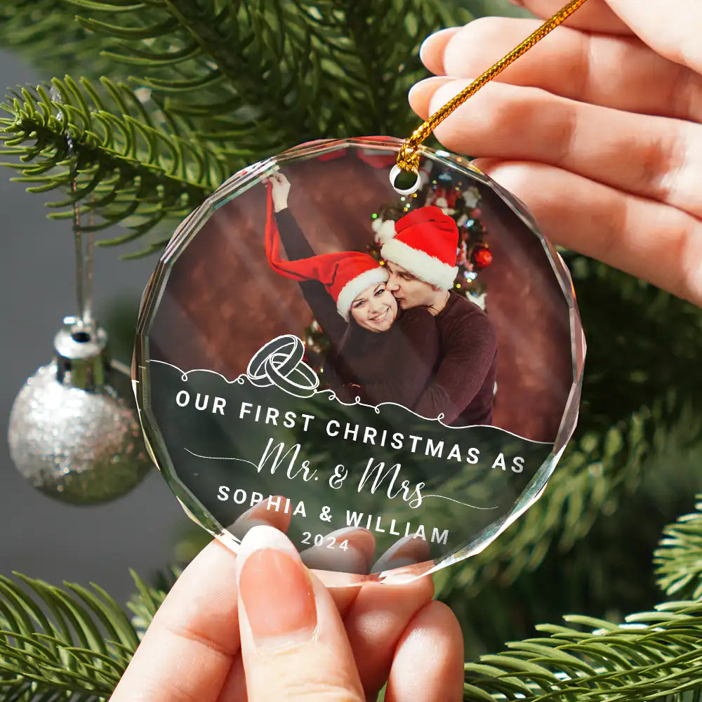 Gift For Couples, Wedding, Gift For Husband, Gift For Wife, Gift For Boyfriend, Gift For Girlfriend - Custom Photo Our First Christmas Engaged - Personalized Circle Glass Ornament