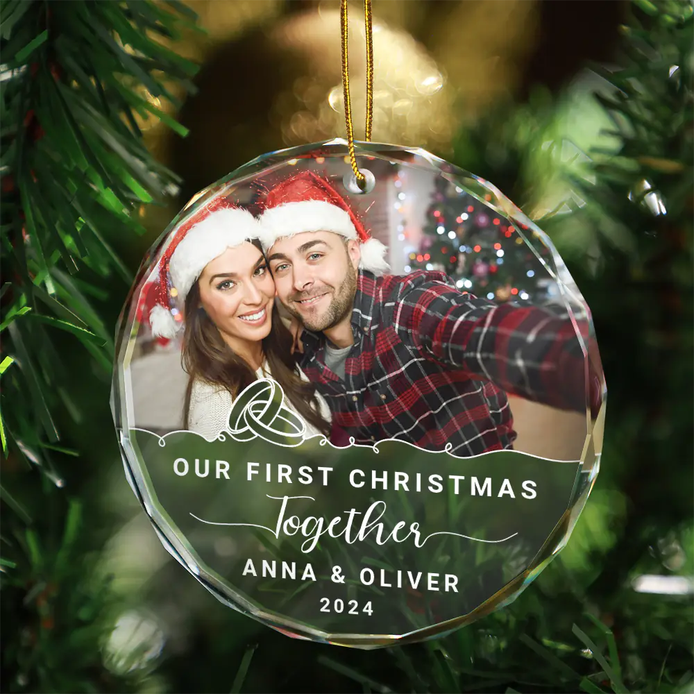 Gift For Couples, Wedding, Gift For Husband, Gift For Wife, Gift For Boyfriend, Gift For Girlfriend - Custom Photo Our First Christmas Engaged - Personalized Circle Glass Ornament