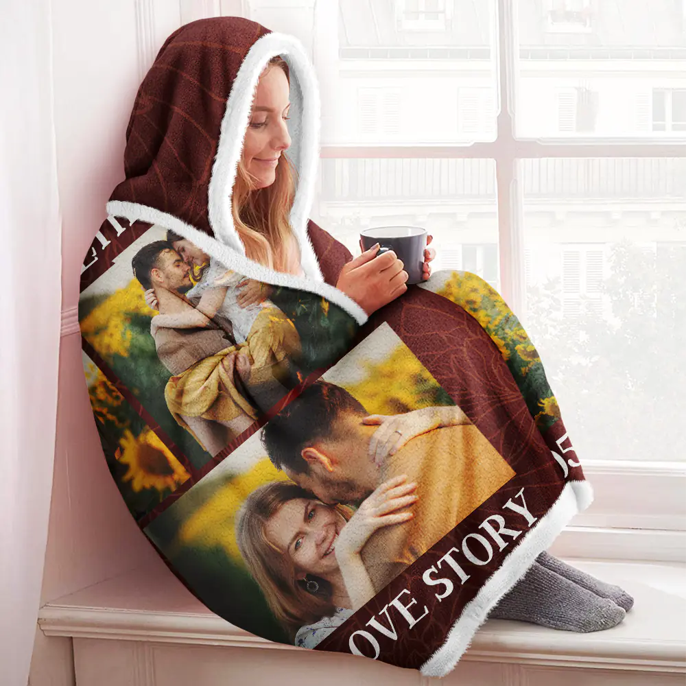 Gift For Couples,Gift For Husband,Gift For Wife - Custom Photo Couple Our Love Story - Personalized Wearable Hooded Blanket
