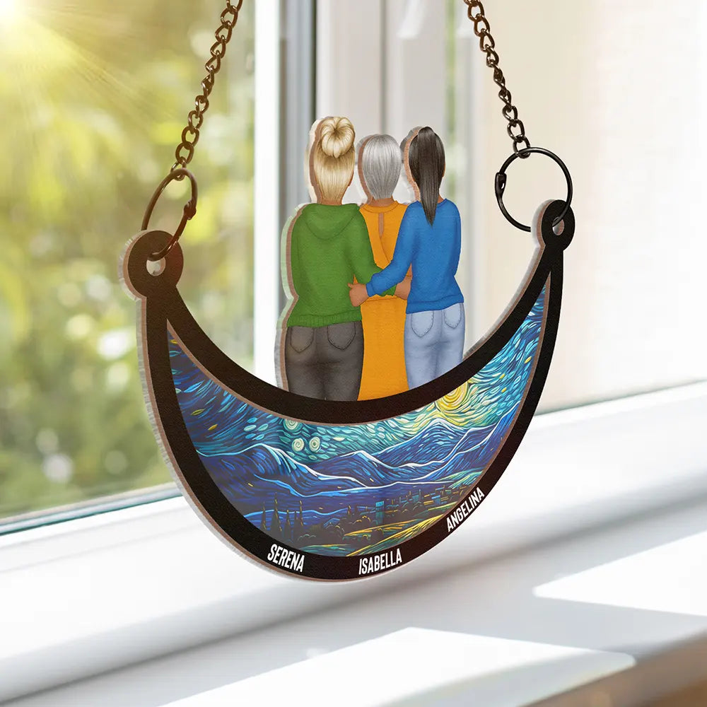 Mom - Daughters (Adult), Love - Mommy And Her Girls Mother Daughter Sitting On The Moon - Personalized Window Hanging Suncatcher Ornament
