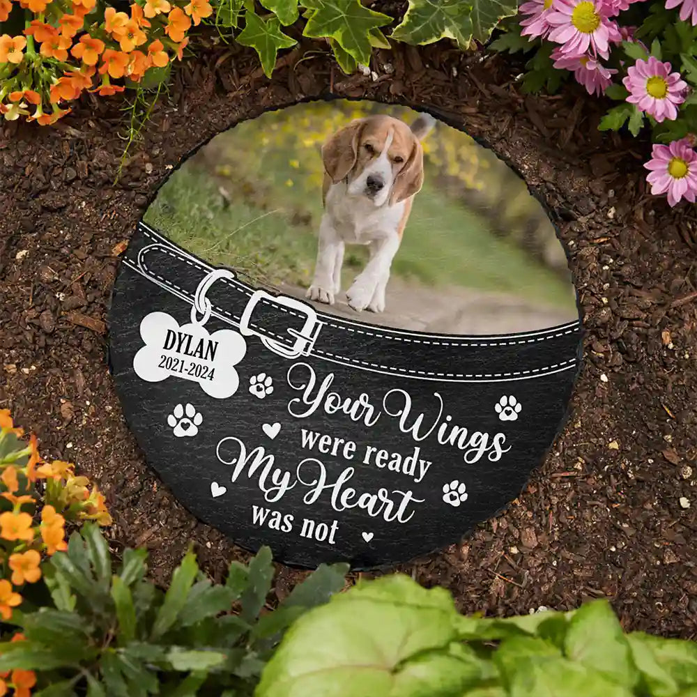 Memorial, Pet Lovers, Dog Lovers, Dog Mom, Dog Dad, Dog Couple - Custom Photo You Left Paw Prints On My Heart Forever - Personalized Circle Memorial Garden Stone
