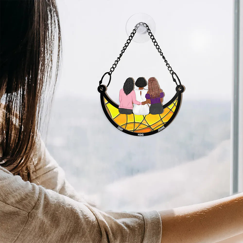 Mom - Daughters (Adult), Afro, Afro Mom - Mama And Her Girls Mother Daughter Sitting On The Moon - Personalized Window Hanging Suncatcher Ornament