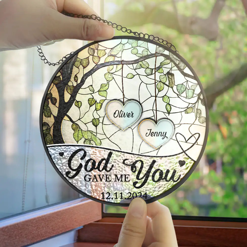 Gift For Couples - God Gave Me You Couple The Date We Became Mr. & Mrs. - Personalized Stained Glass Window Hanging Suncatcher