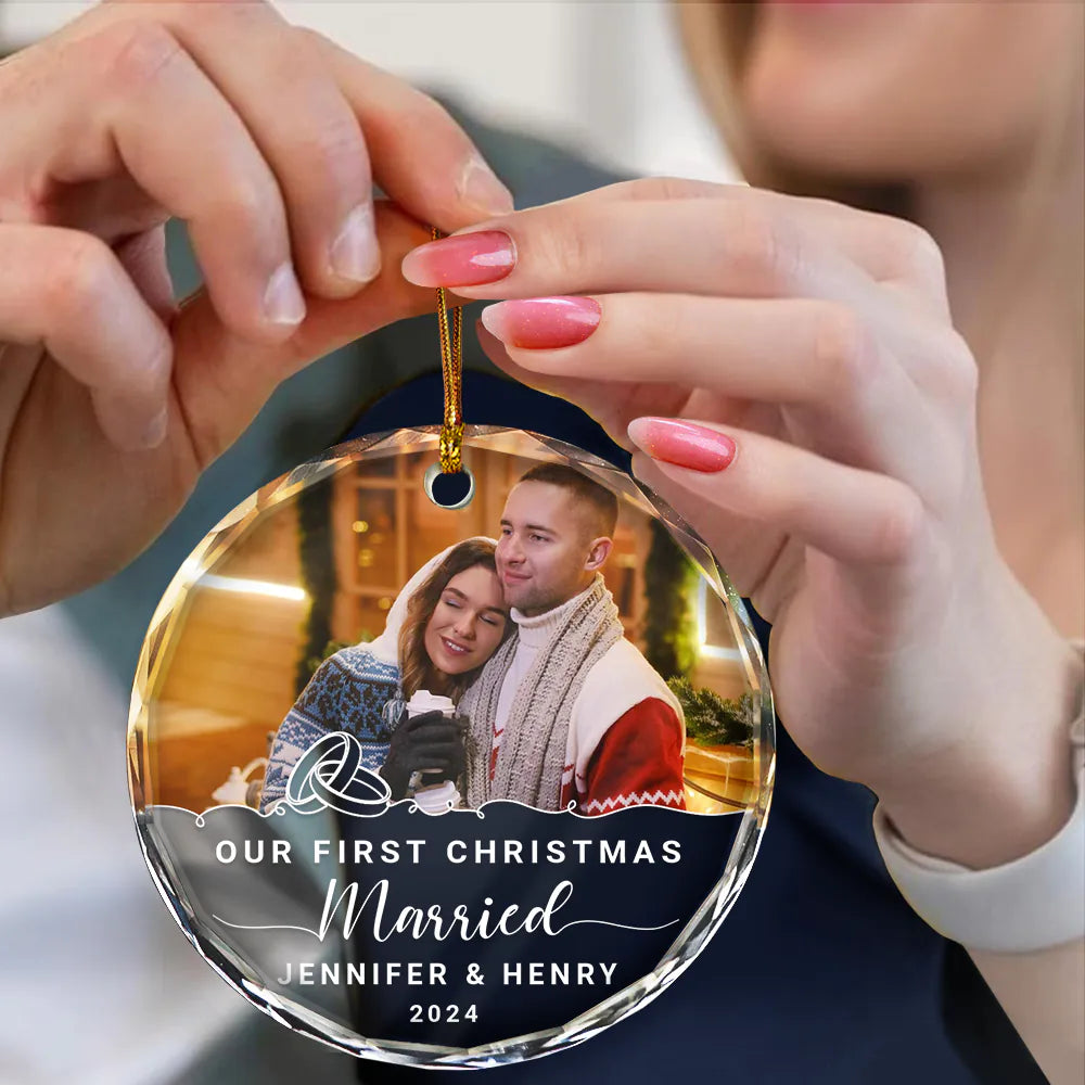 Gift For Couples, Wedding, Gift For Husband, Gift For Wife, Gift For Boyfriend, Gift For Girlfriend - Custom Photo Our First Christmas Engaged - Personalized Circle Glass Ornament