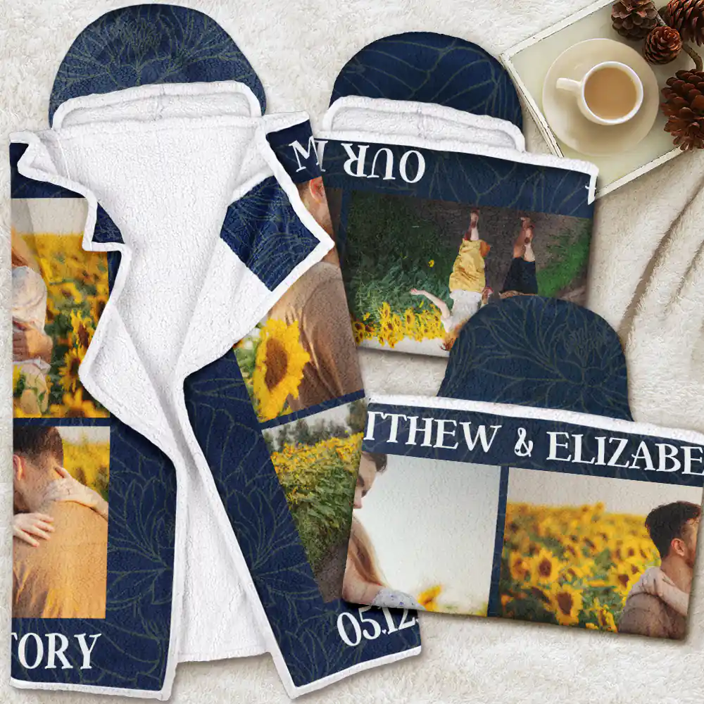 Gift For Couples,Gift For Husband,Gift For Wife - Custom Photo Couple Our Love Story - Personalized Wearable Hooded Blanket
