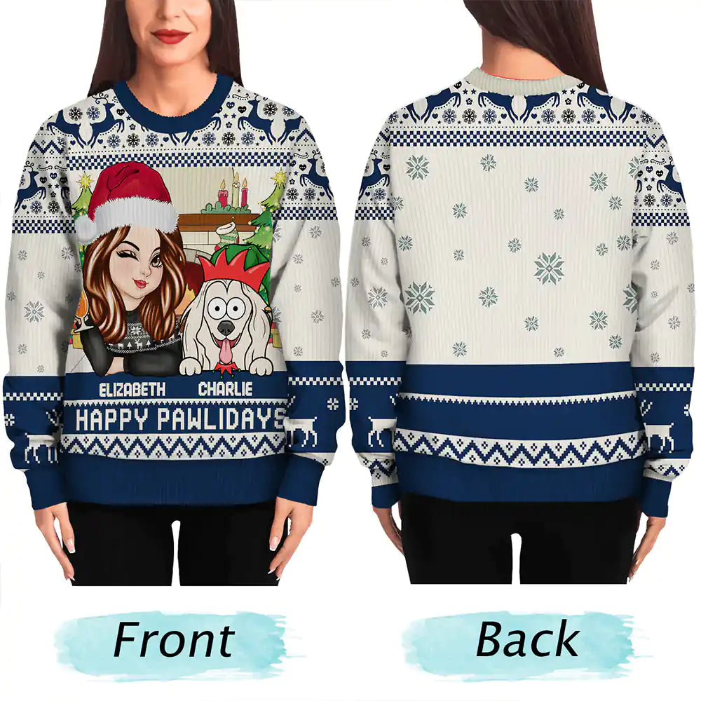 Christmas,Happy,Pet Lovers,Pet Mom,Dog Lovers,Dog Mom,Cat Lovers,Cat Mom - Happy Pawlidays Woman With Pets - Personalized Unisex Ugly Sweater