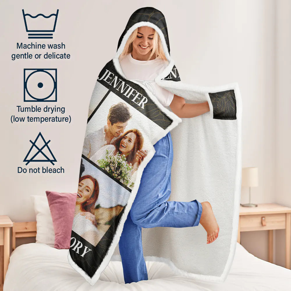 Gift For Couples,Gift For Husband,Gift For Wife - Custom Photo Couple Our Love Story - Personalized Wearable Hooded Blanket
