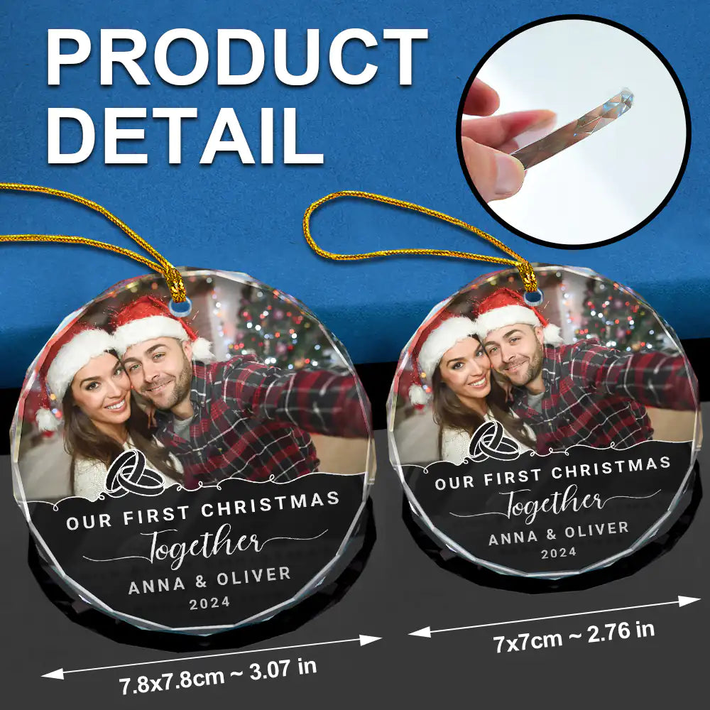 Gift For Couples, Wedding, Gift For Husband, Gift For Wife, Gift For Boyfriend, Gift For Girlfriend - Custom Photo Our First Christmas Engaged - Personalized Circle Glass Ornament