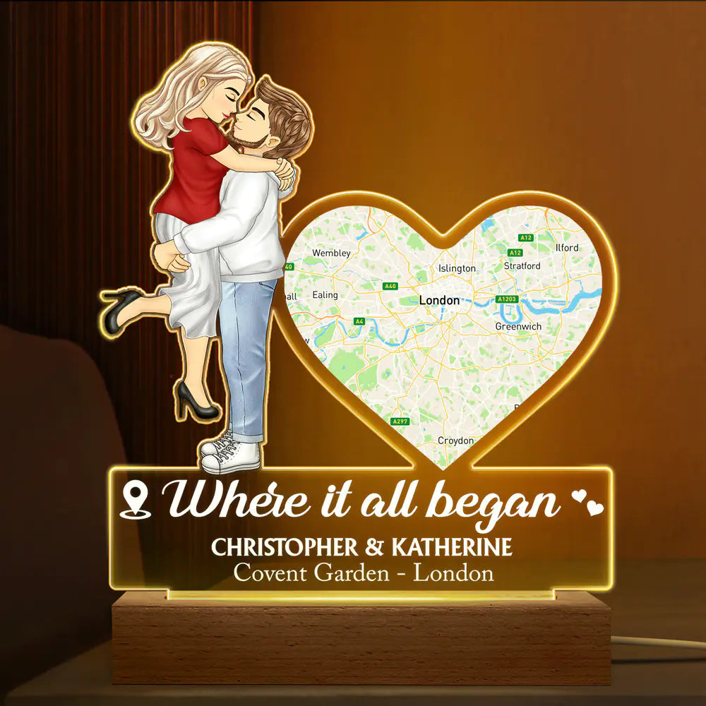 Gift For Couples, Gift For Husband, Gift For Wife, Gift For Boyfriend, Gift For Girlfriend - Location Map Where It All Began - Personalized 3D Led Light Wooden Base