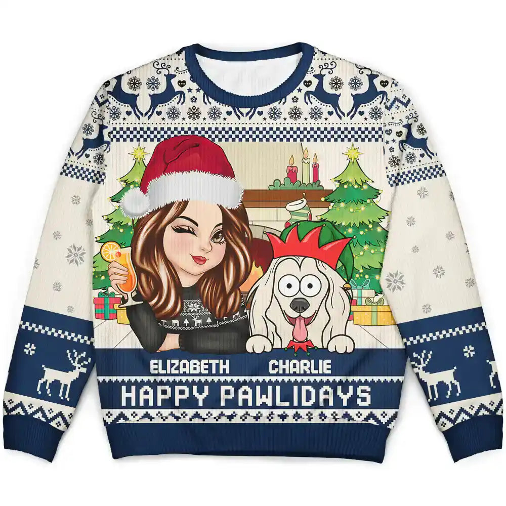 Christmas,Happy,Pet Lovers,Pet Mom,Dog Lovers,Dog Mom,Cat Lovers,Cat Mom - Happy Pawlidays Woman With Pets - Personalized Unisex Ugly Sweater