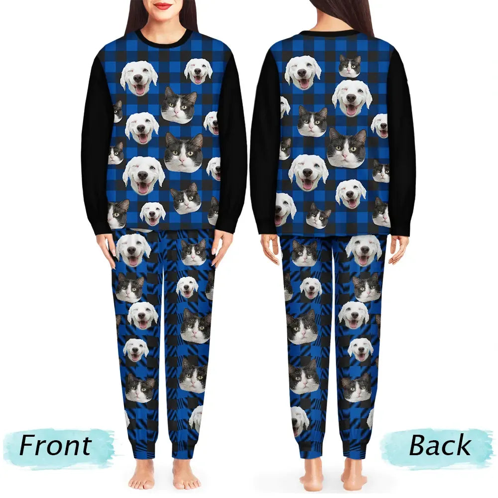 Custom Photo Funny Dog Cat Pet Human Face Plaid Pattern - Personalized Unisex Pajamas Set