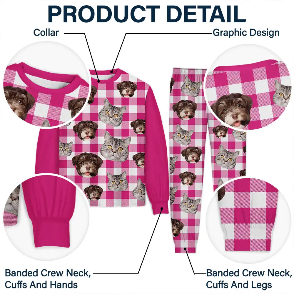 Custom Photo,Pet Lovers,Dog Lovers,Cat Lovers,Happy - Custom Photo Funny Dog Cat Pet Human Face Plaid Pattern - Personalized Unisex Pajamas Set