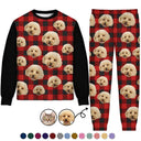 Custom Photo,Pet Lovers,Dog Lovers,Cat Lovers,Happy - Custom Photo Funny Dog Cat Pet Human Face Plaid Pattern - Personalized Unisex Pajamas Set