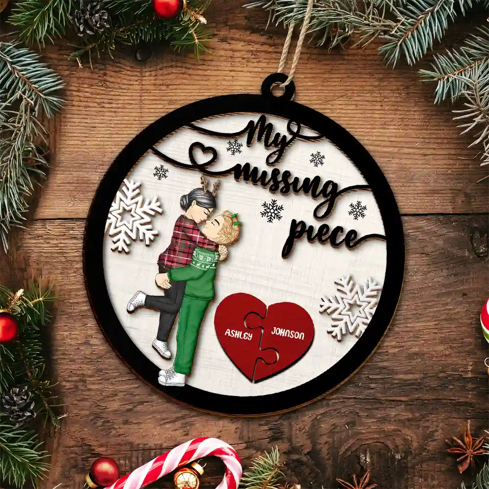 My Missing Piece Christmas Couple Hugging Kissing - Personalized 2-Layered Wooden Ornament