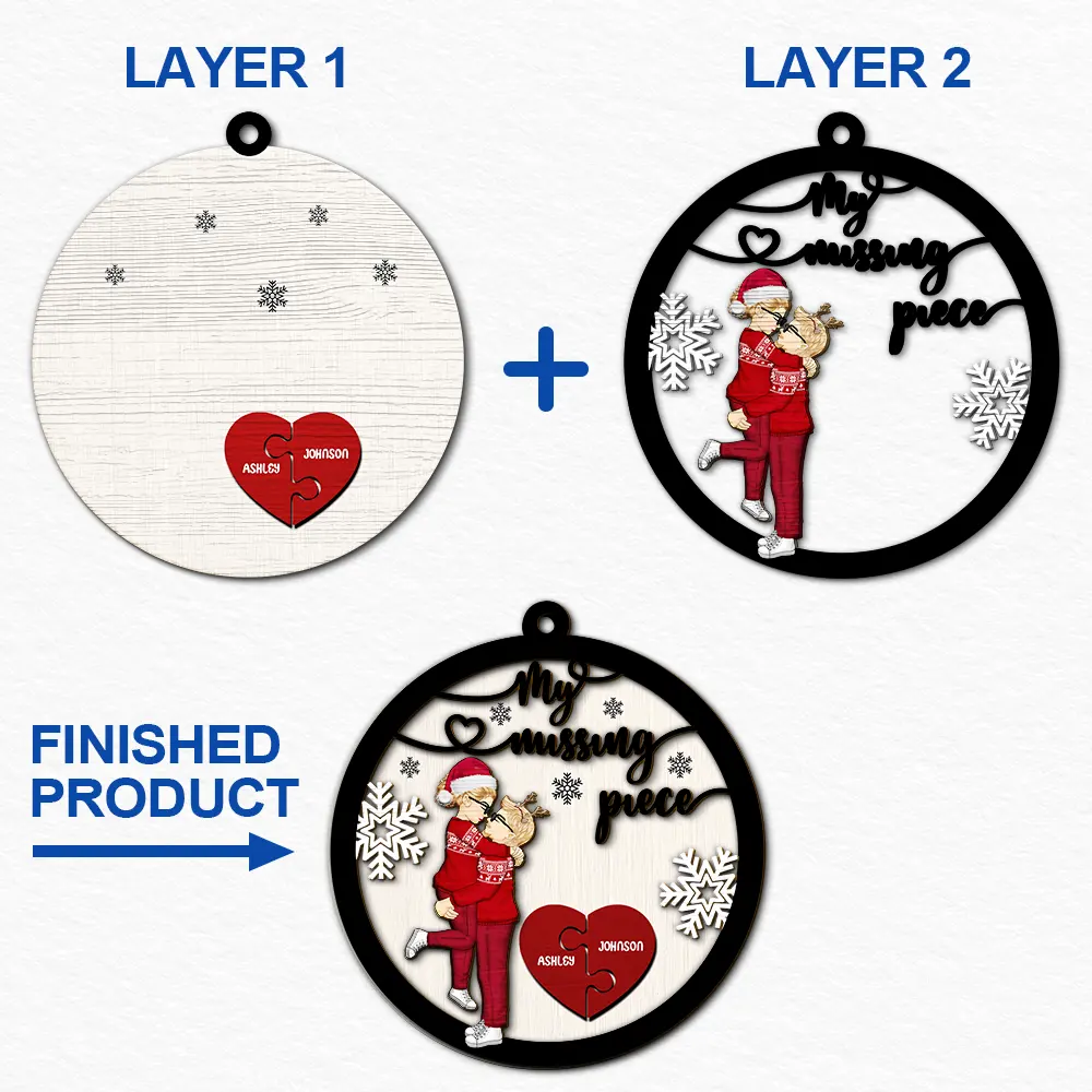 My Missing Piece Christmas Couple Hugging Kissing - Personalized 2-Layered Wooden Ornament