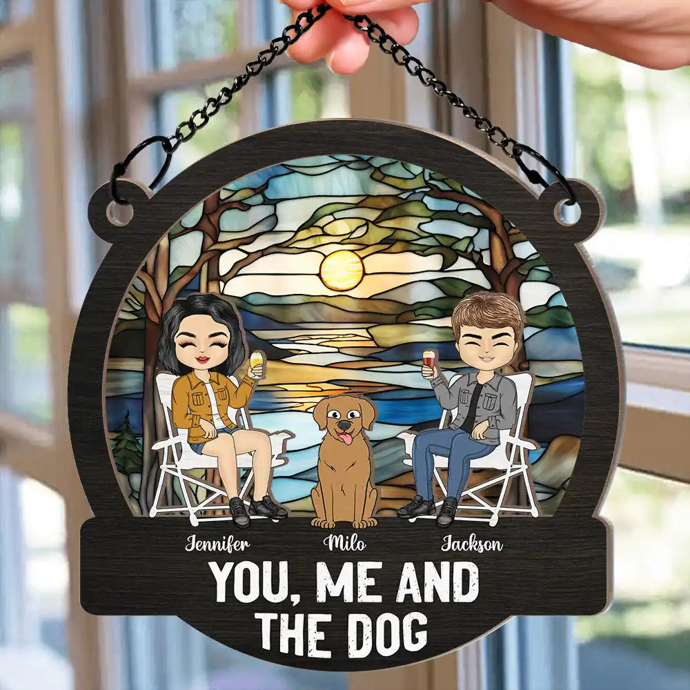 Camping You, Me And The Dogs - Personalized Window Hanging Suncatcher Ornament