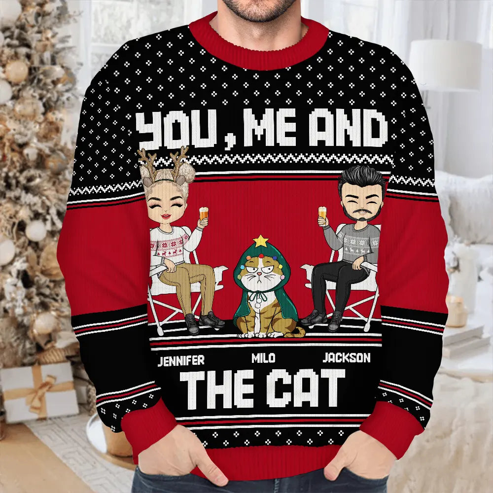 You, Me And The Cat - Personalized Unisex Ugly Sweater