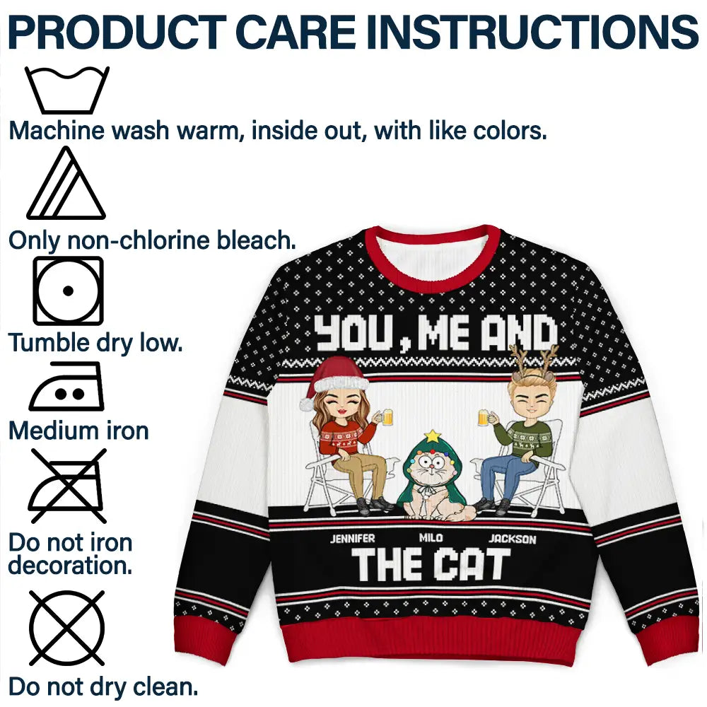 You, Me And The Cat - Personalized Unisex Ugly Sweater