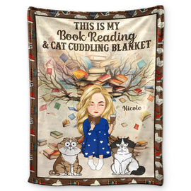 Reading, Dog Lovers, Cat Lovers - Book Reading & Cat Cuddling Blanket - Personalized Fleece Blanket, Sherpa Blanket