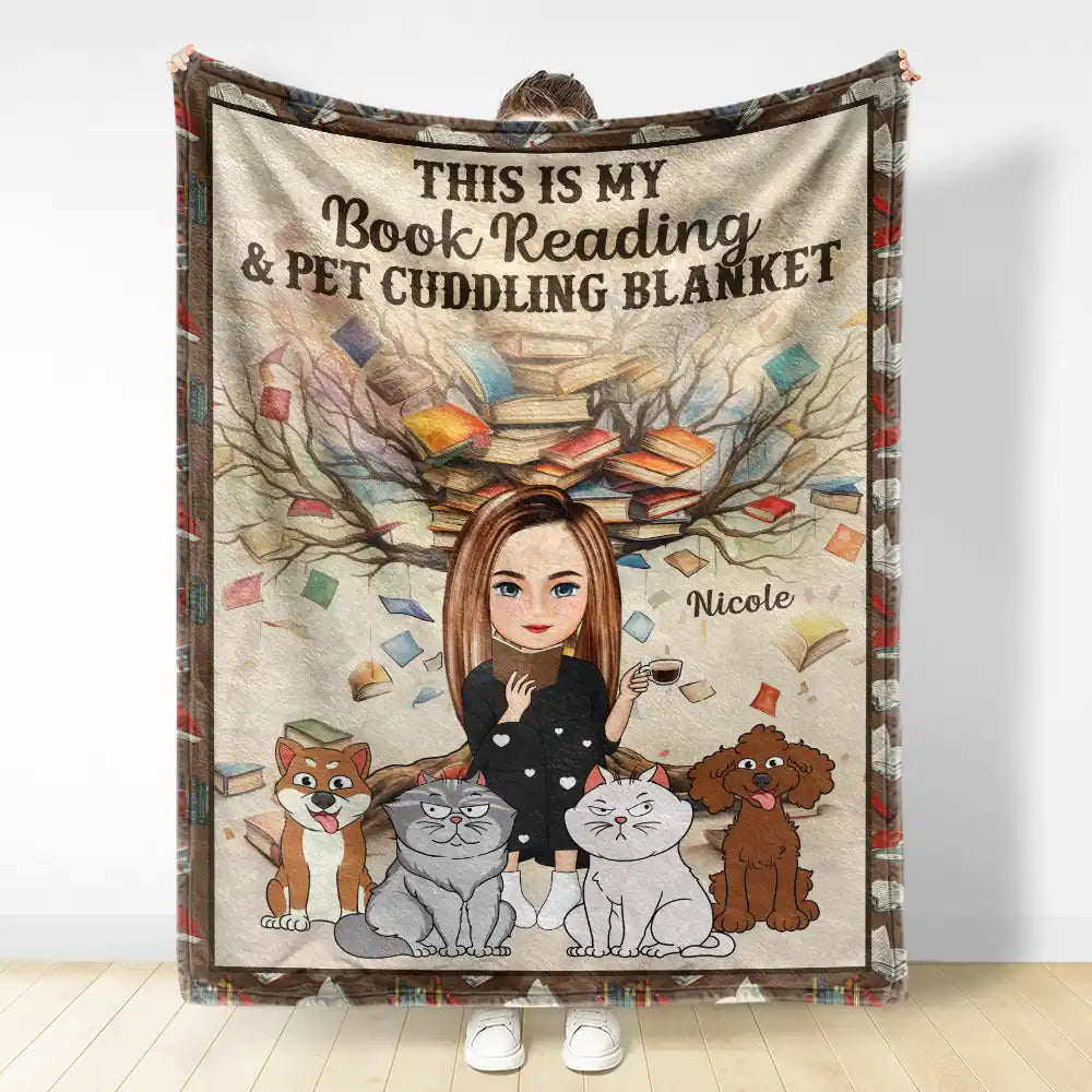 Reading, Dog Lovers, Cat Lovers - Book Reading & Cat Cuddling Blanket - Personalized Fleece Blanket, Sherpa Blanket