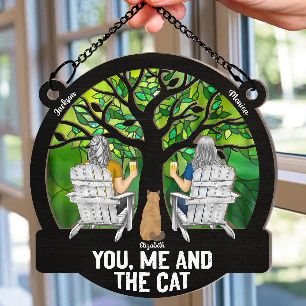 Cat Lovers, Gift For Couples, Pet Couple - Four Seasons You, Me And The Cat - Personalized Window Hanging Suncatcher Ornament